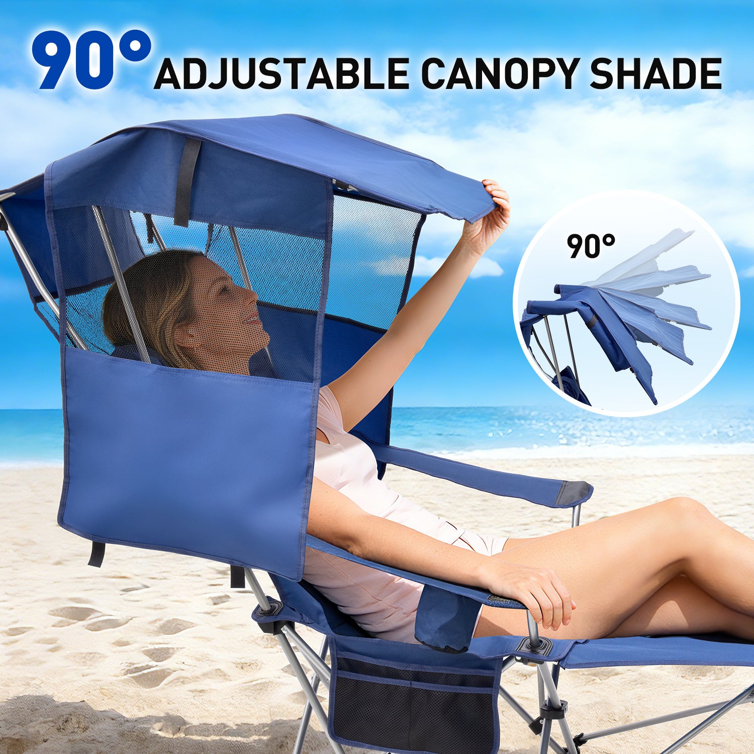 EO Living Reclining Beach Chair with Canopy Blue