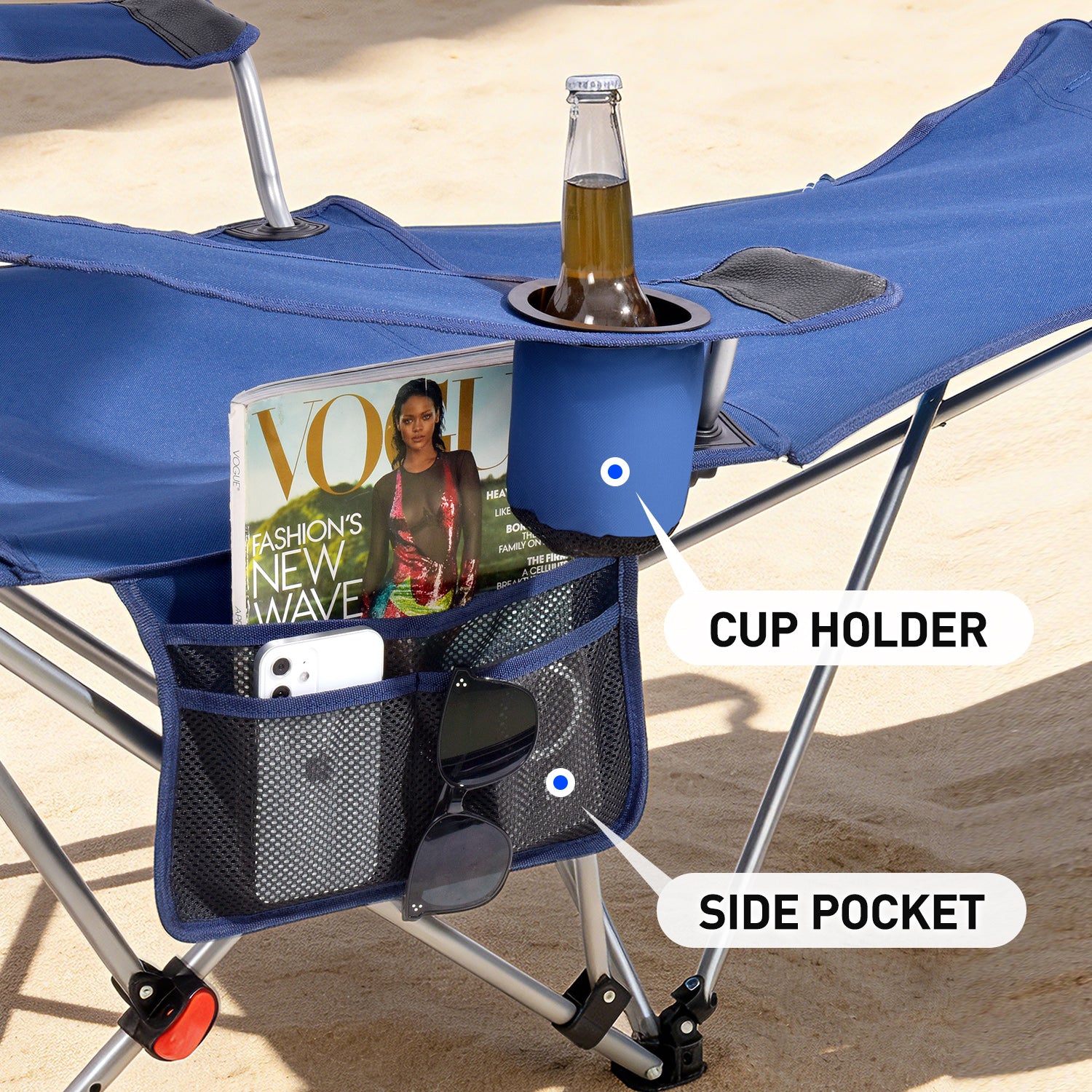 EO Living Reclining Beach Chair with Canopy Blue