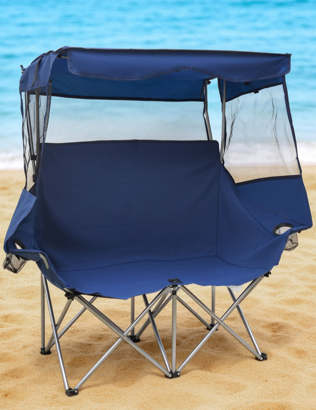 EO Living Double Beach Chair with Canopy Blue