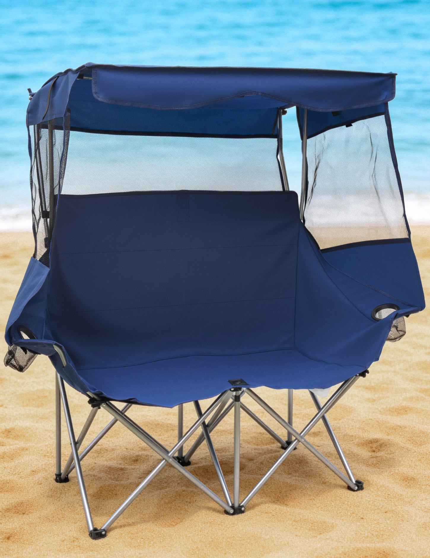 EO Living Double Beach Chair with Canopy Blue