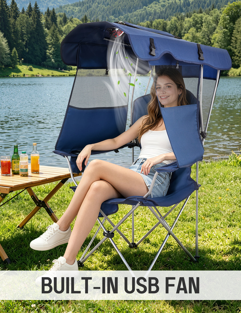 EO Living Canopy Chair with Built-in USB Fan Navy Blue