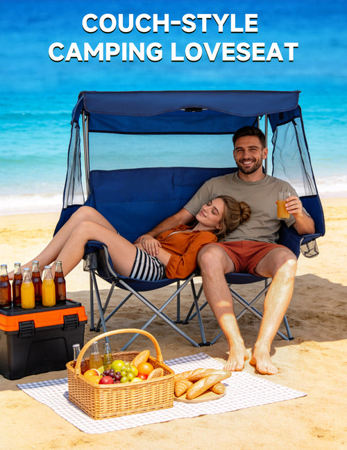 EO Living Double Beach Chair with Canopy Blue