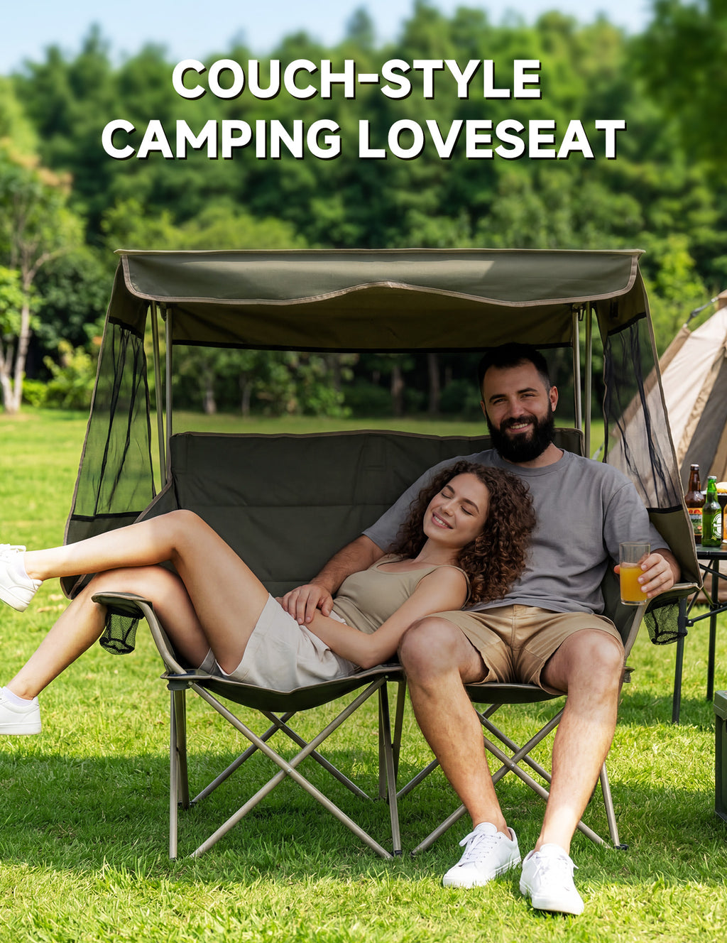 EO Living Double Beach Chair with Canopy Green