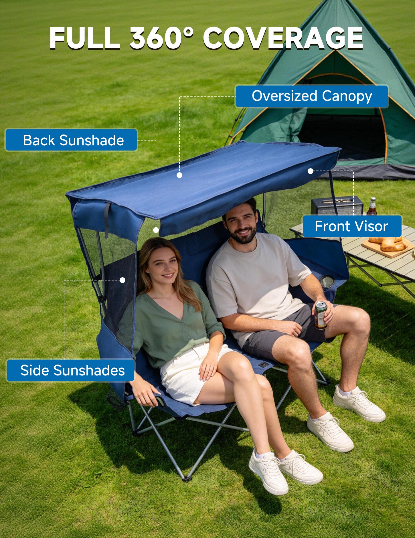 EO Living Double Beach Chair with Canopy Blue
