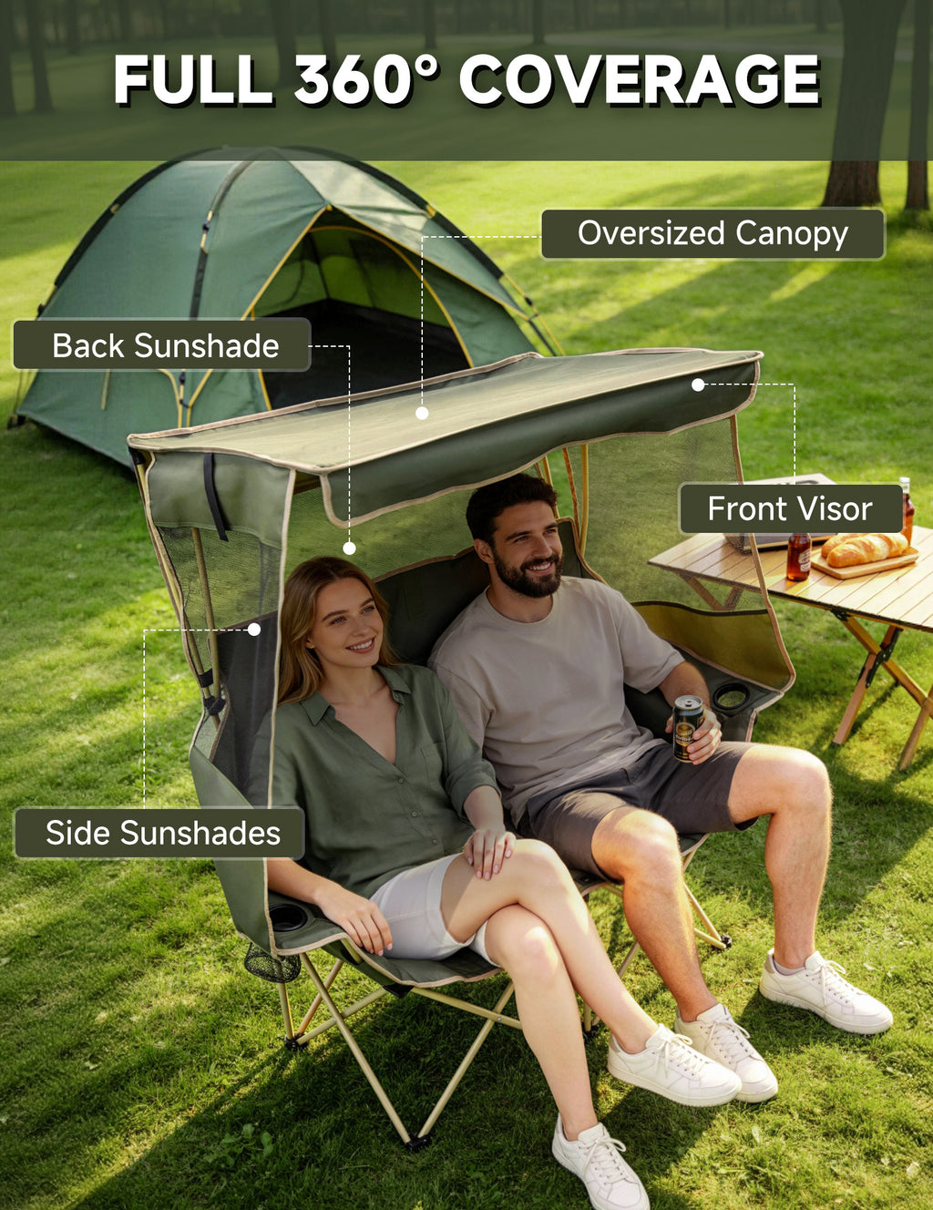 EO Living Double Beach Chair with Canopy Green