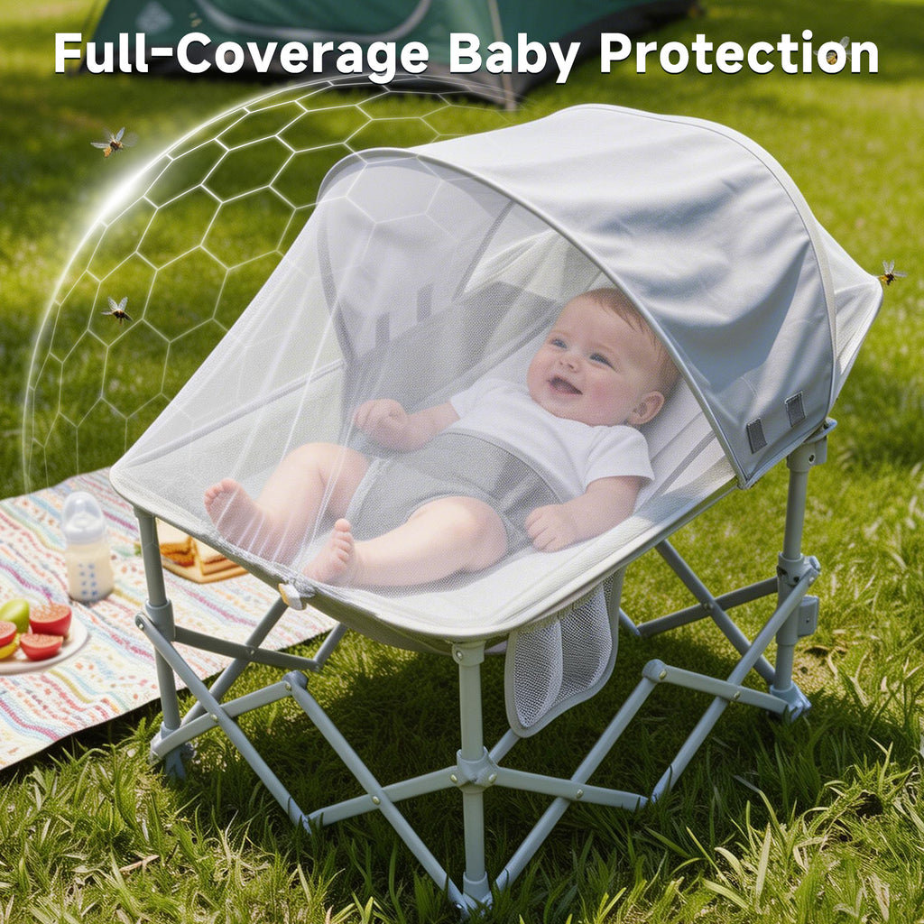 EO Living Foldable Baby Beach Chair with Canopy and Mosquito Net for Outdoor Light Gray