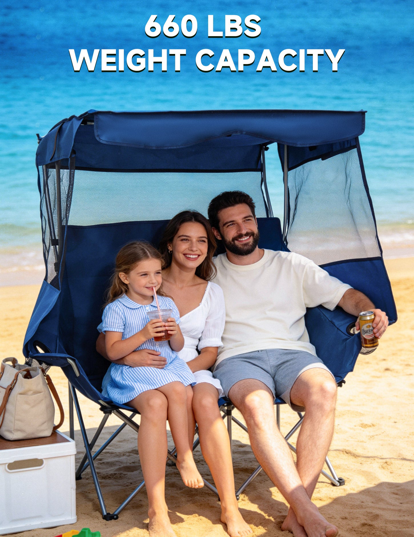 EO Living Double Beach Chair with Canopy Blue