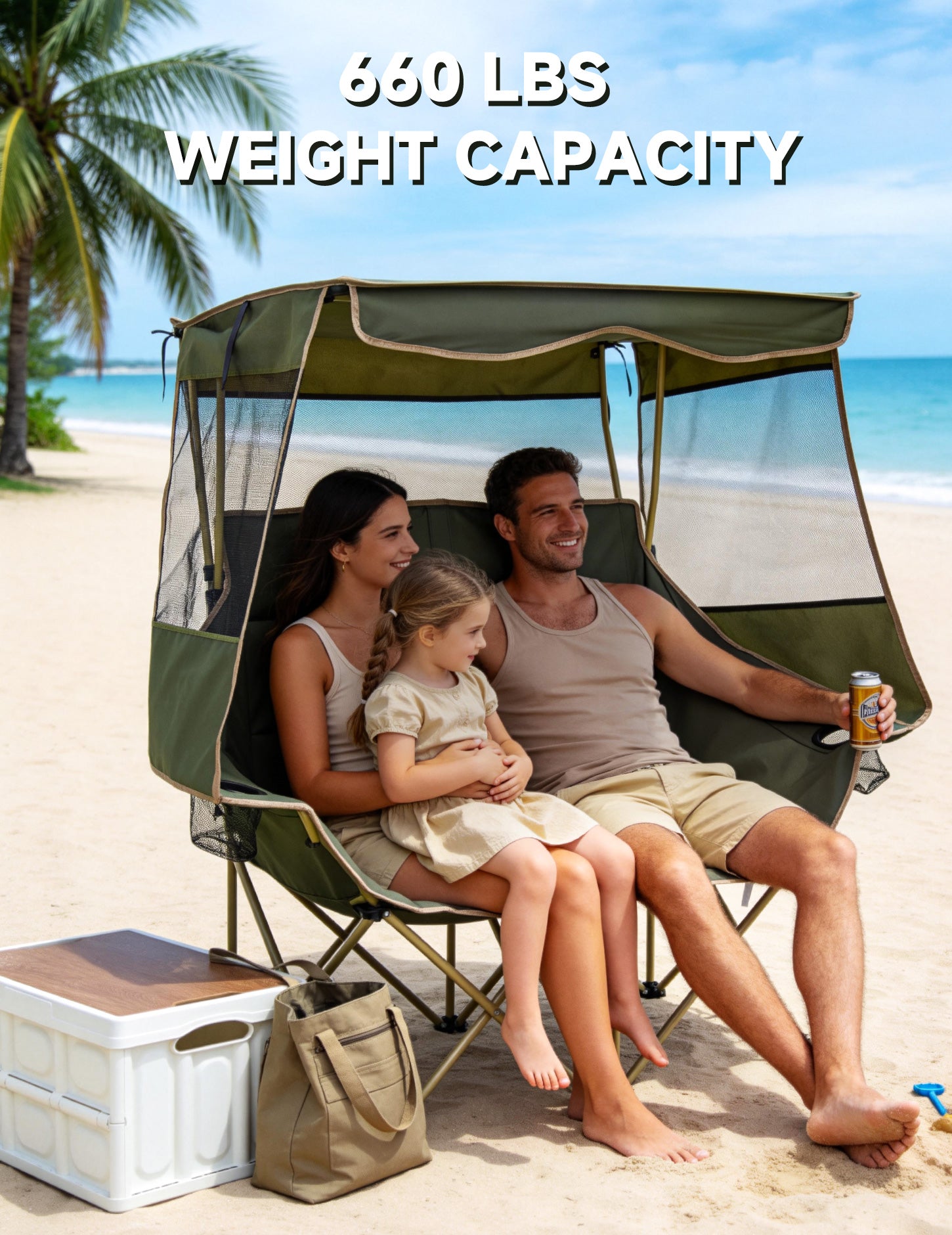 EO Living Double Beach Chair with Canopy Green