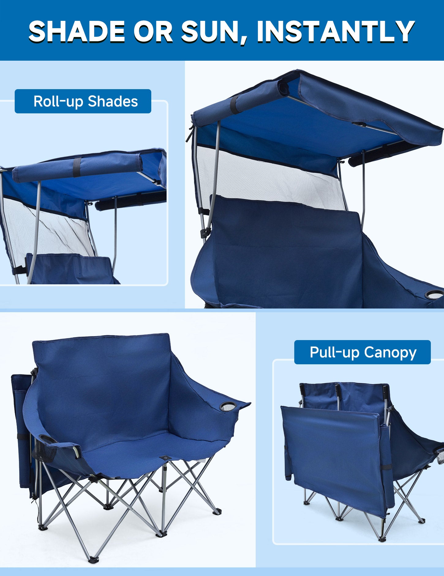 EO Living Double Beach Chair with Canopy Blue