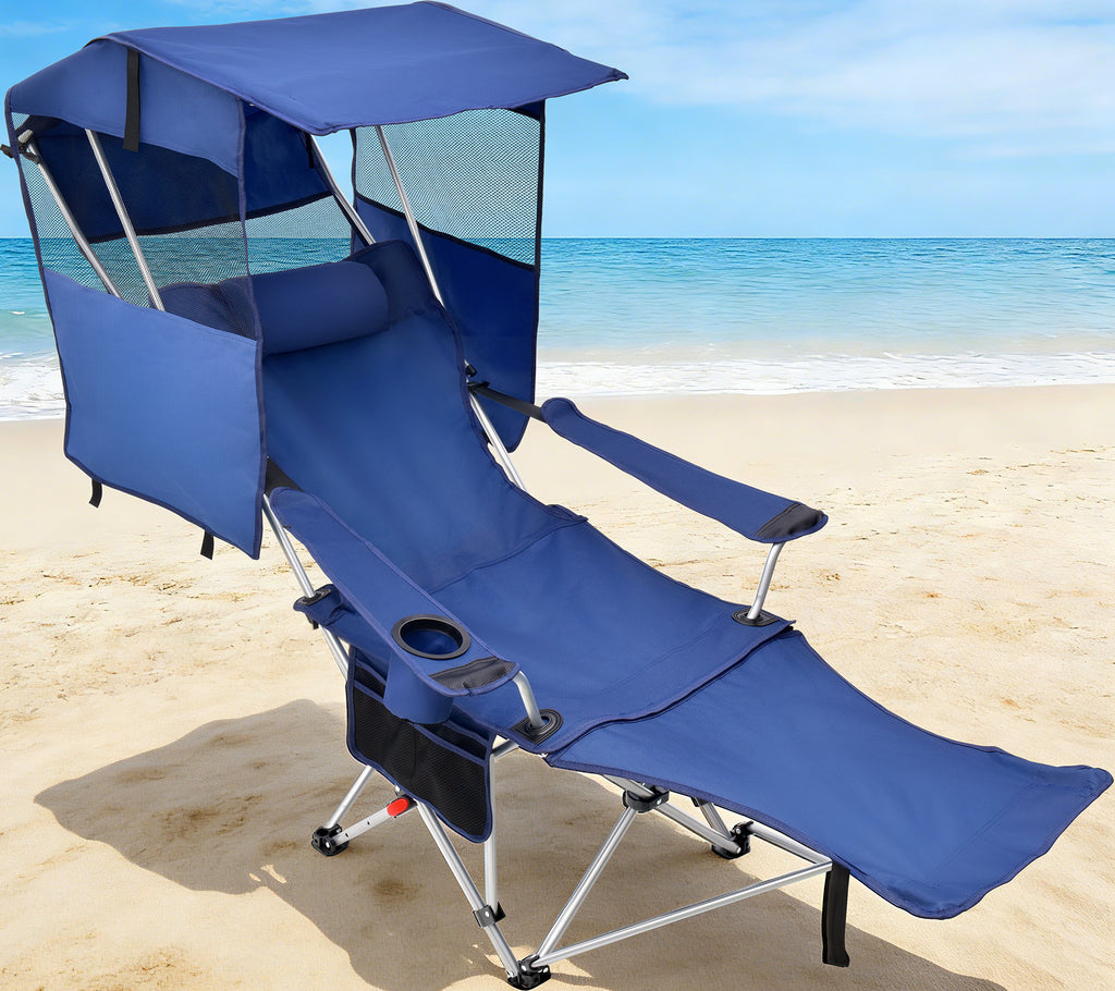 EO Living Reclining Beach Chair with Canopy Blue