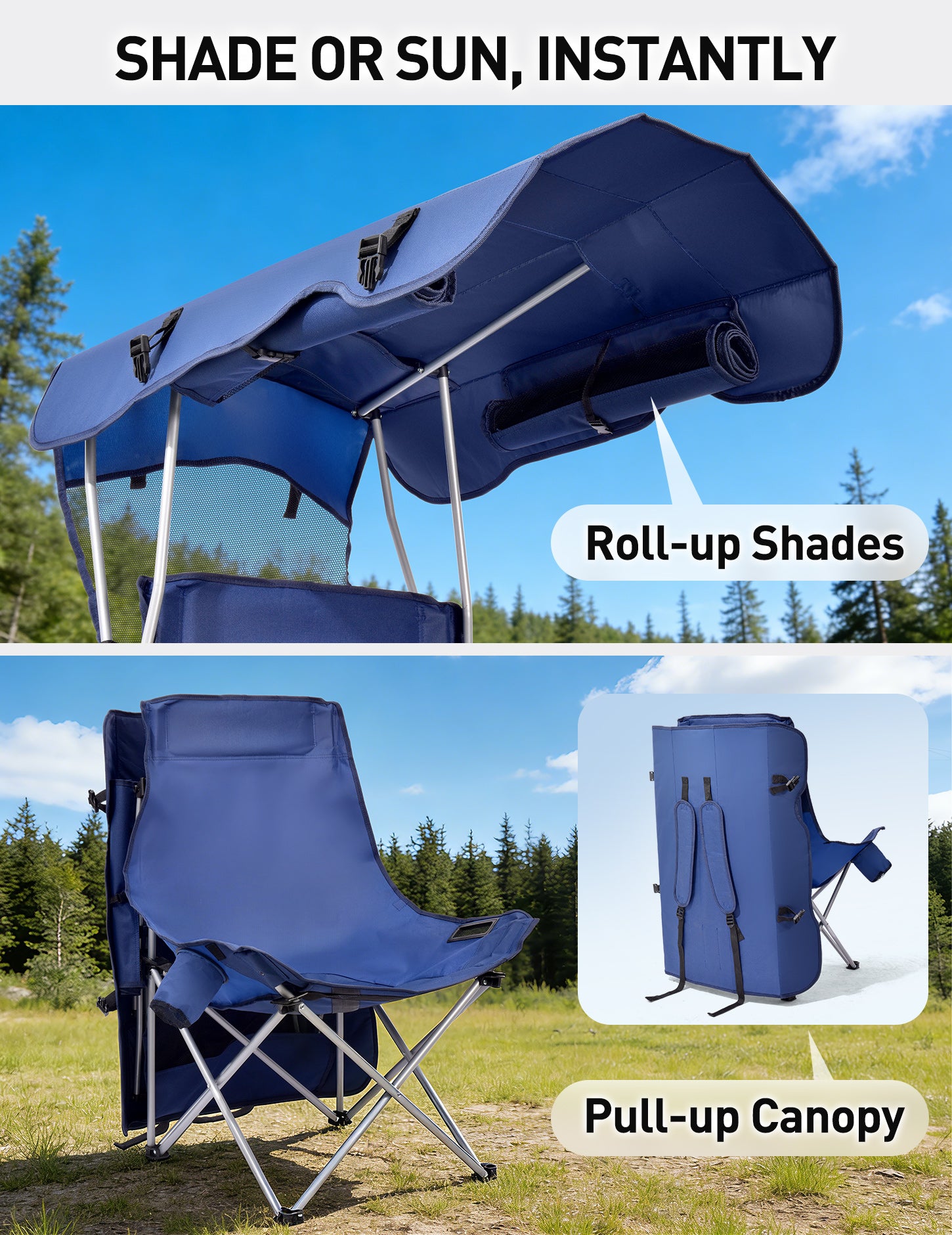 EO Living Oversized Camping Chair with Canopy Navy Blue
